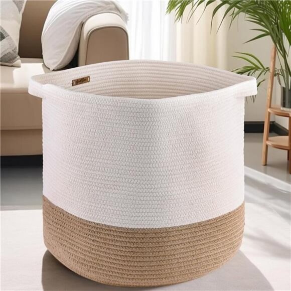 Large Cotton Rope Woven Basket - 18" x 17” Tall Decorative Storage Basket - Picture 1 of 7
